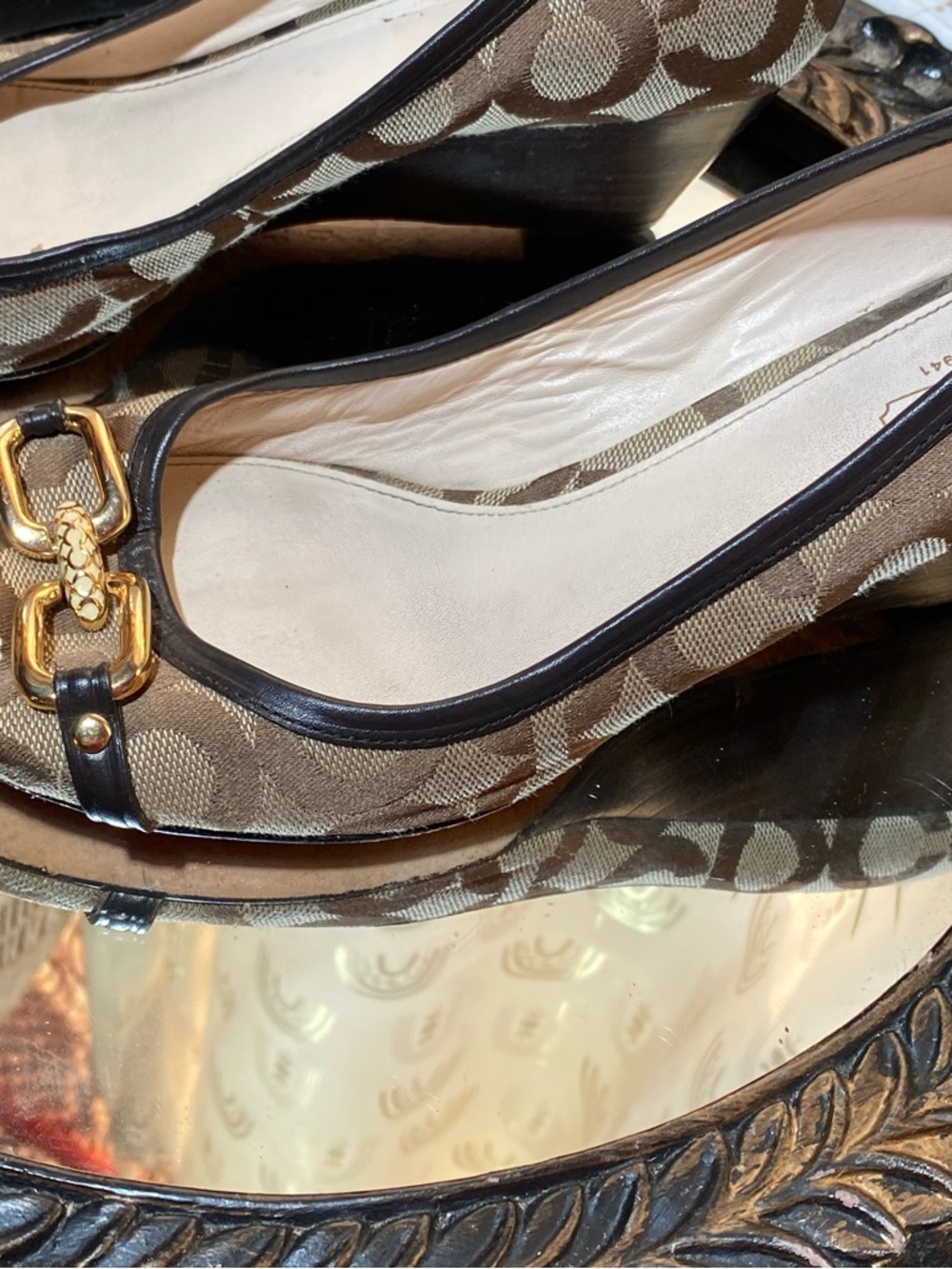 Coach Brown Signature Canvas Peep-Toe Heels with Gold Hardware - Picture 2 of 13